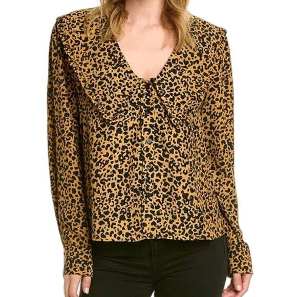 WAYF Esther Collared Blouse Cheetah Print Ruffle Size XS Fall Winter Essentials - Picture 1 of 8